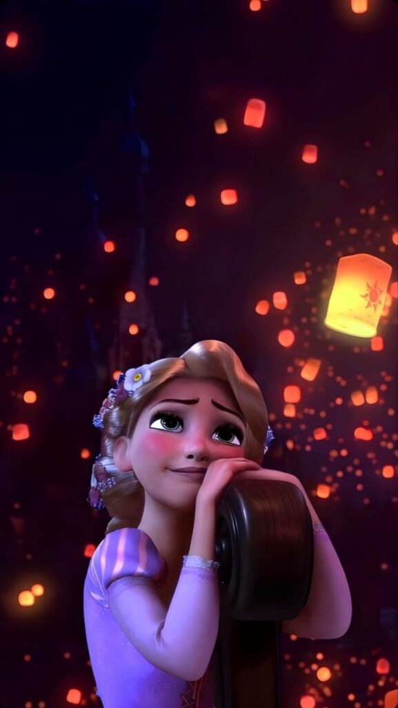 Papel de parede super fofo a Rapunzel vendo as luzes brilhantes no céu para celular feminino 
